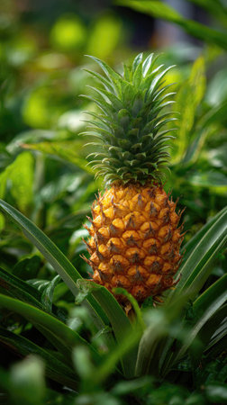 A sunlit portrait of a single Pineapple, photographed outdoors on a clear, breezy day. Fresh, crisp air renders vivid detail in the leave veins glowing with gentle backlight. The background falls into a soft natural bokeh of greenery, colors truetolife, organic beauty in pure sunlight.の写真素材