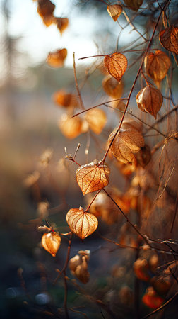 The warm amber light, crisp air, shallow depth of field, soft natural bokeh, true to life color, minimal styling.の写真素材