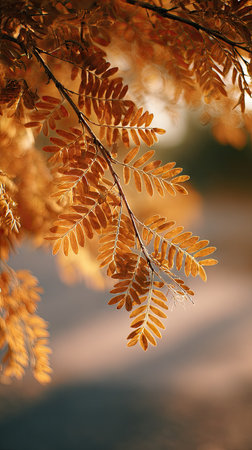 The Mesquite in fall, warm amber light, crisp air, shallow depth of field, soft natural bokeh, true to life color, minimal styling.の写真素材