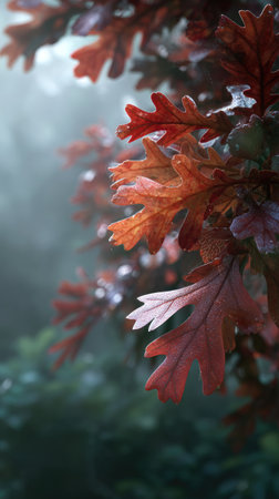 The Red oak in light fog, dew on leaves, light soft diffused, threequarter view.の写真素材