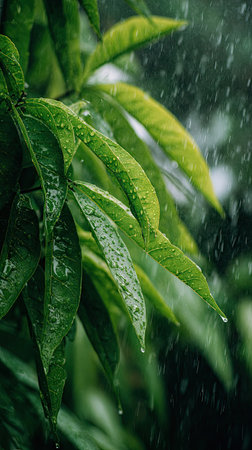 Gentle light rain, soft raindrops visible on vivid green leaves, natural realistic style, bright fresh colors, balanced wide composition, cinematic framing, highly detailed.の写真素材