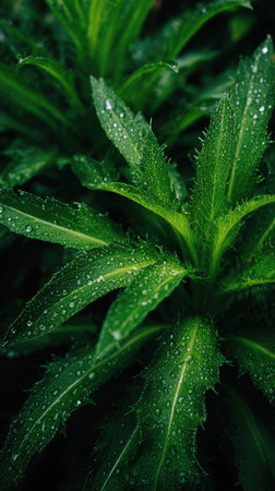 Cardoon in gentle light rain, soft raindrops visible on vivid green leaves, natural realistic style, bright fresh colors, balanced wide composition, cinematic framing, highly detailed.の写真素材