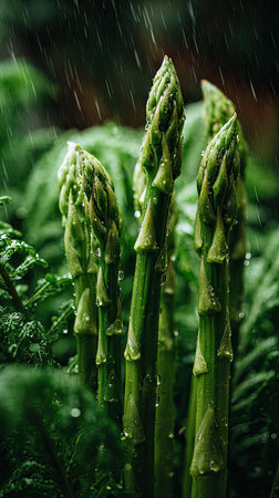 Asparagus in gentle light rain, soft raindrops visible on vivid green leaves, natural realistic style, bright fresh colors, balanced wide composition, cinematic framing, highly detailed.の写真素材