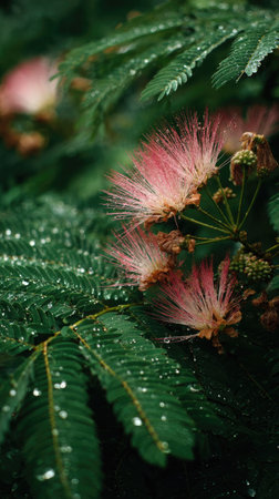 Albizia in gentle light rain, soft raindrops visible on vivid green leaves, natural realistic style, bright fresh colors, balanced wide composition, cinematic framing, highly detailed.の写真素材