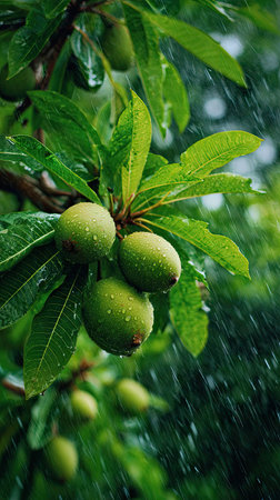 Breadnut tree in gentle light rain, soft raindrops visible on vivid green leaves, natural realistic style, bright fresh colors, balanced wide composition, cinematic framing, highly detailed.の写真素材