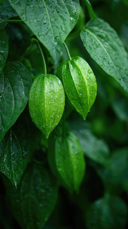 Chayote in gentle light rain, soft raindrops visible on vivid green leaves, natural realistic style, bright fresh colors, balanced wide composition, cinematic framing, highly detailed.の写真素材