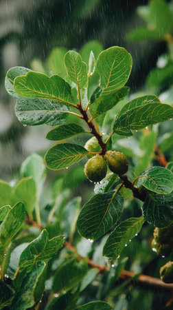 Guava tree in gentle light rain, soft raindrops visible on vivid green leaves, natural realistic style, bright fresh colors, balanced wide composition, cinematic framing, highly detailed.の写真素材