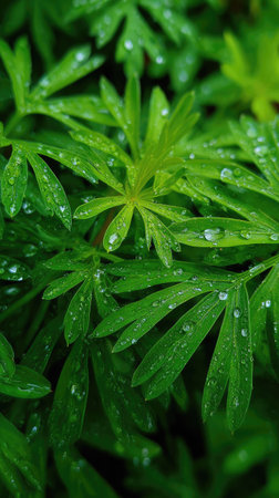 In gentle light rain, soft raindrops visible on vivid green leaves, natural realistic style, bright fresh colors, balanced wide composition, cinematic framing, highly detailed.の写真素材