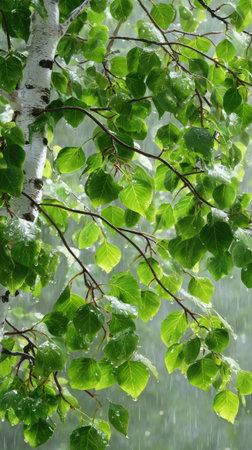 Paper birch in gentle light rain, soft raindrops visible on vivid green leaves, natural realistic style, bright fresh colors, balanced wide composition, cinematic framing, highly detailed.の写真素材