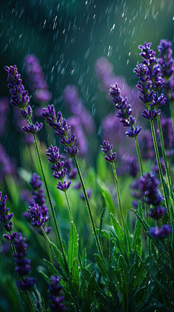 Lavender in gentle light rain, soft raindrops visible on vivid green leaves, natural realistic style, bright fresh colors, balanced wide composition, cinematic framing, highly detailed.の写真素材