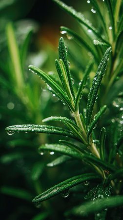 Rosemary in gentle light rain, soft raindrops visible on vivid green leaves, natural realistic style, bright fresh colors, balanced wide composition, cinematic framing, highly detailed.の写真素材