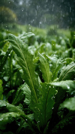 Soft rain falling gently on Celtuce, with water droplets forming and slowly dripping. The background is softly blurred with natural, moody atmosphere.の写真素材