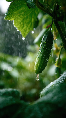 Soft rain falling gently on Cucumber, with water droplets forming and slowly dripping. The background is softly blurred with natural, moody atmosphere.の写真素材