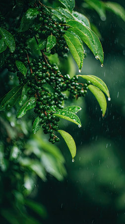 Sichuan pepper in gentle light rain, soft raindrops visible on vivid green leaves, natural realistic style, bright fresh colors, balanced wide composition, cinematic framing, highly detailed.の写真素材