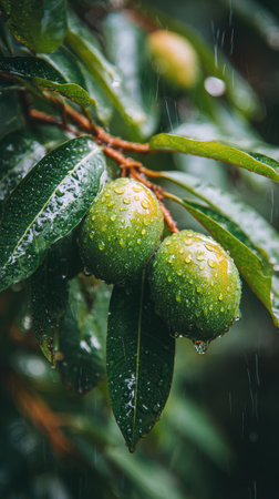 Lucuma in gentle light rain, soft raindrops visible on vivid green leaves, natural realistic style, bright fresh colors, balanced wide composition, cinematic framing, highly detailed.の写真素材