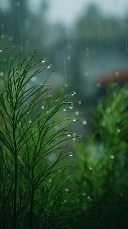 Soft rain falling gently on Agretti, with water droplets forming and slowly dripping. The background is softly blurred with natural, moody atmosphere.の写真素材