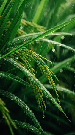Rice in gentle light rain, soft raindrops visible on vivid green leaves, natural realistic style, bright fresh colors, balanced wide composition, cinematic framing, highly detailed.の写真素材