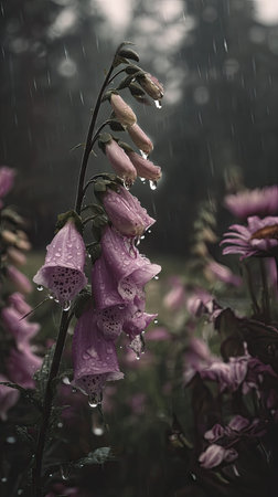 Soft rain falling gently on Foxglove, with water droplets forming and slowly dripping. The background is softly blurred with natural, moody atmosphere.の写真素材