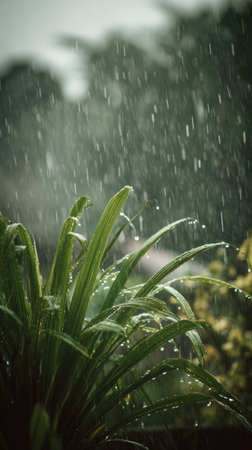 Soft rain falling gently on Citronella, with water droplets forming and slowly dripping. The background is softly blurred with natural, moody atmosphere.の写真素材