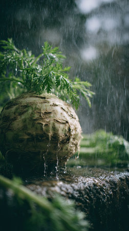 Soft rain falling gently on Celeriac, with water droplets forming and slowly dripping. The background is softly blurred with natural, moody atmosphere.の写真素材