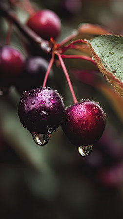 Soft rain falling gently on Black cherry, with water droplets forming and slowly dripping. The background is softly blurred with natural, moody atmosphere.の写真素材