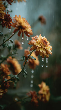 Soft rain falling gently on Chrysanthemum, with water droplets forming and slowly dripping. The background is softly blurred with natural, moody atmosphere.の写真素材