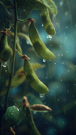 Soft rain falling gently on Edamame, with water droplets forming and slowly dripping. The background is softly blurred with natural, moody atmosphere.の写真素材