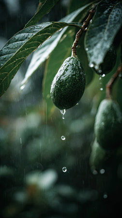 Soft rain falling gently on Avocado, with water droplets forming and slowly dripping. The background is softly blurred with natural, moody atmosphere.の写真素材