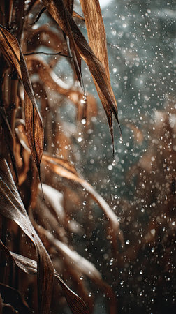 Soft rain falling gently on Maize, with water droplets forming and slowly dripping. The background is softly blurred with natural, moody atmosphere.の写真素材