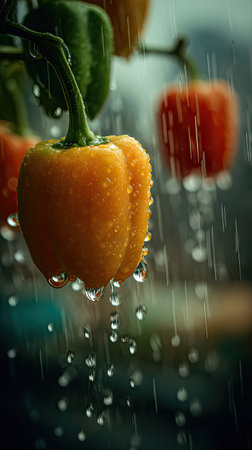 Soft rain falling gently on Bell pepper, with water droplets forming and slowly dripping. The background is softly blurred with natural, moody atmosphere.の写真素材