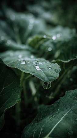 Soft rain falling gently on Collard greens, with water droplets forming and slowly dripping. The background is softly blurred with natural, moody atmosphere.の写真素材