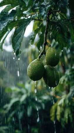 Soft rain falling gently on Breadfruit, with water droplets forming and slowly dripping. The background is softly blurred with natural, moody atmosphere.の写真素材
