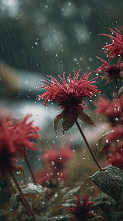 Soft rain falling gently on Bee balm, with water droplets forming and slowly dripping. The background is softly blurred with natural, moody atmosphere.の写真素材