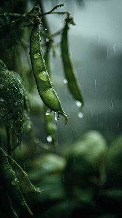 Soft rain falling gently on Green bean, with water droplets forming and slowly dripping. The background is softly blurred with natural, moody atmosphere.の写真素材
