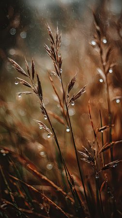 Soft rain falling gently on Flax, with water droplets forming and slowly dripping. The background is softly blurred with natural, moody atmosphere.の写真素材