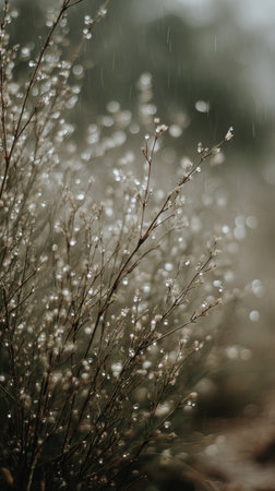 Soft rain falling gently on Ephedra, with water droplets forming and slowly dripping. The background is softly blurred with natural, moody atmosphere.の写真素材