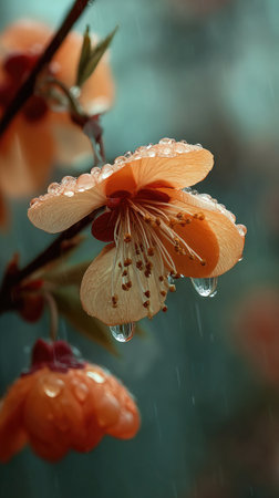 Soft rain falling gently on Apricot, with water droplets forming and slowly dripping. The background is softly blurred with natural, moody atmosphere.の写真素材