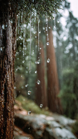 Soft rain falling gently on Giant sequoia, with water droplets forming and slowly dripping. The background is softly blurred with natural, moody atmosphere.の写真素材
