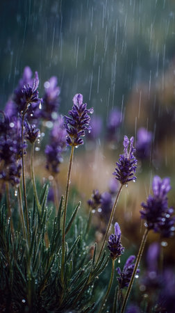 Soft rain falling gently on Lavender, with water droplets forming and slowly dripping. The background is softly blurred with natural, moody atmosphere.の写真素材