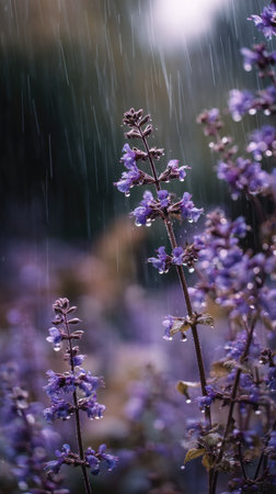 Soft rain falling gently on Catmint, with water droplets forming and slowly dripping. The background is softly blurred with natural, moody atmosphere.の写真素材
