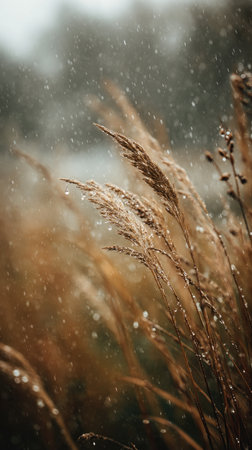 Soft rain falling gently on Millet, with water droplets forming and slowly dripping. The background is softly blurred with natural, moody atmosphere.の写真素材