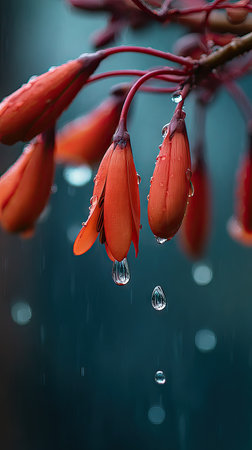 Soft rain falling gently on Coral tree, with water droplets forming and slowly dripping. The background is softly blurred with natural, moody atmosphere.の写真素材