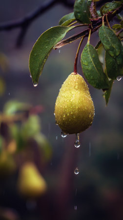Soft rain falling gently on Pear, with water droplets forming and slowly dripping. The background is softly blurred with natural, moody atmosphere.の写真素材
