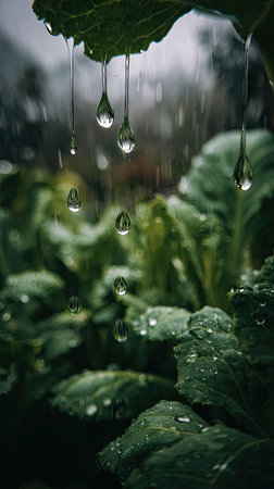 Soft rain falling gently on Mustard greens, with water droplets forming and slowly dripping. The background is softly blurred with natural, moody atmosphere.の写真素材