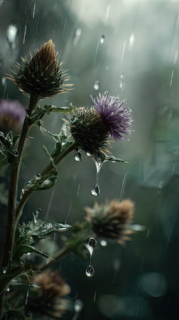 Soft rain falling gently on Milk thistle, with water droplets forming and slowly dripping. The background is softly blurred with natural, moody atmosphere.の写真素材