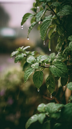 Soft rain falling gently on Holy basil, with water droplets forming and slowly dripping. The background is softly blurred with natural, moody atmosphere.の写真素材