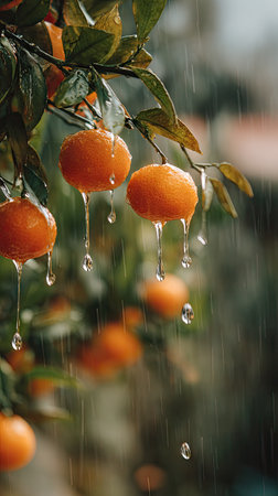 Soft rain falling gently on Clementine, with water droplets forming and slowly dripping. The background is softly blurred with natural, moody atmosphere.の写真素材