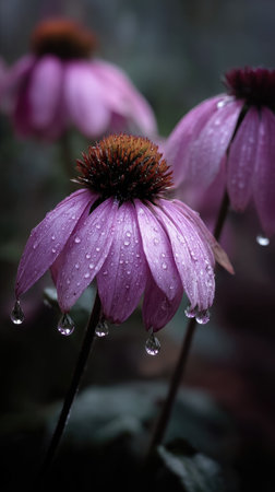 Soft rain falling gently on Coneflower, with water droplets forming and slowly dripping. The background is softly blurred with natural, moody atmosphere.の写真素材