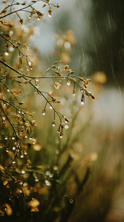 Soft rain falling gently on Rapeseed, with water droplets forming and slowly dripping. The background is softly blurred with natural, moody atmosphere.の写真素材