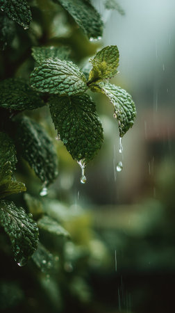 Soft rain falling gently on Peppermint, with water droplets forming and slowly dripping. The background is softly blurred with natural, moody atmosphere.の写真素材